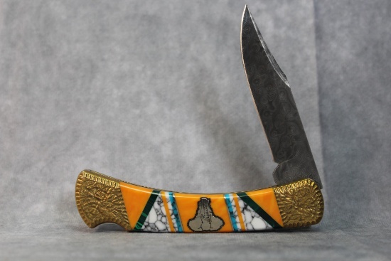 Custom Brian Yellowhorse Folding Knife with Display, Turquoise and Exotic Inlays
