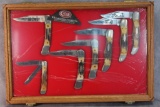Display with Seven Case XX 1980s Stag Handle Hunters with Blade Etches,