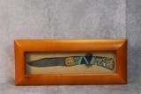Custom Brian Yellowhorse Damascus Blade Pocket Knife with Display. Turquoise and Abalone Inlays