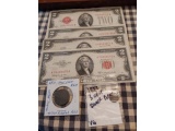 LOT OF 4-$2. RED SEAL NOTES, 1852 3-CENT SILVER,  1810 HALF CENT