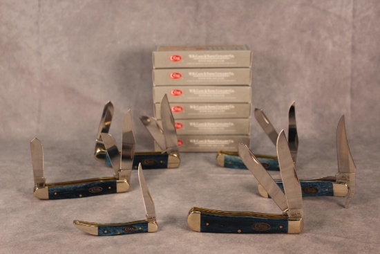 Six 2021 Case XX Mediterranean Blue Bone Handle Knives