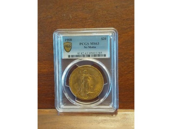 1908 NO MOTTO $20. SAINT GAUDENS GOLD PIECE PCGS MS63