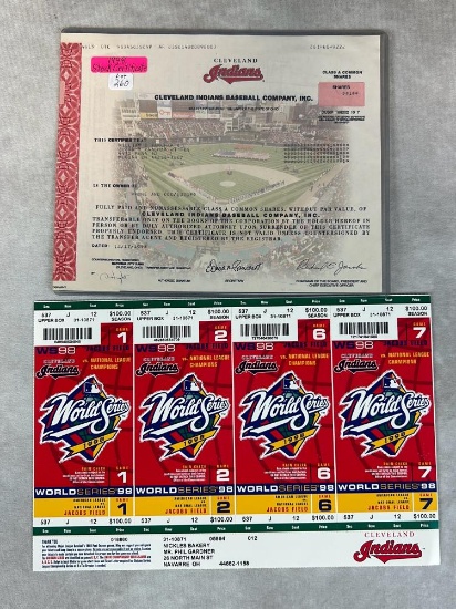 (2) 1998 Cleveland Indians Items: Indians Stock Certificate, Phantom WS Tickets