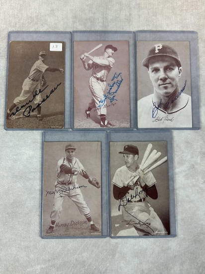 (5) Signed Exhibit Cards - Passeau, Mueller, Friend, Long, and Dickson