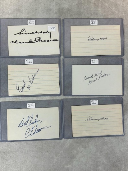 (6) Signed 3 x 5 Index Cards - Passeau, Verban, Simmons, (2) Hopp, and Baker