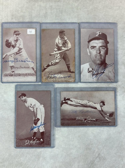 (5) Signed Exhibit Cards - Brecheen, Kurowski, Simmons, Lockman, and Maglie