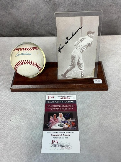 Lou Boudreau Signed AL Baseball and Exhibit Card - JSA