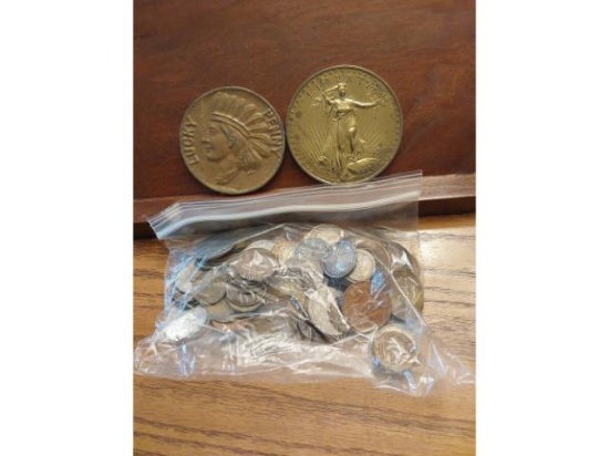 LOT OF WORLD COINS AND 2 LARGE MEDALS