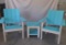 Three-piece poly set, two chairs and table, teal and white