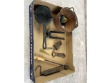 Cast Iron Couldron, Pinchers, Lock, Etc
