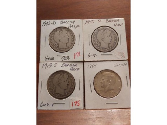 1908D,10S,13S,64 U.S. SILVER HALVES