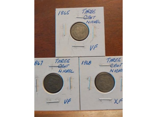 1865,67,68 3-CENT NICKELS VF+