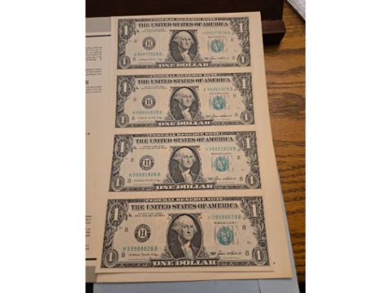 UNCUT SHEET OF 4-1985 $1. FRN. ST. LOUIS, MO. UNC