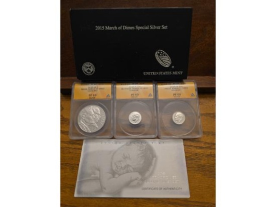 2015 MARCH OF DIMES 3 COIN SET ANACS PF69 DCAM WITH BOX AND COA