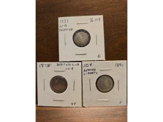1837 SEATED HALF DIME AG, 1875,1891 SEATED DIMES VG-VF