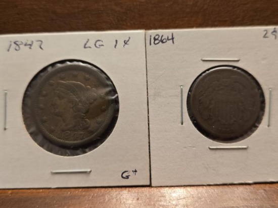 1847 LARGE CENT F, 1864 2-CENT PIECE G