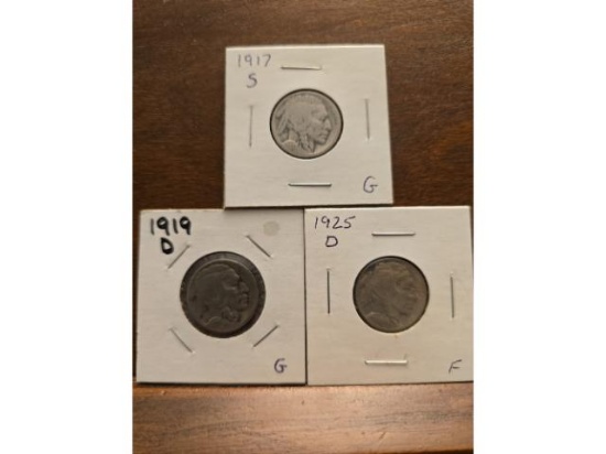1917S,19D,25D BUFFALO NICKELS G-F