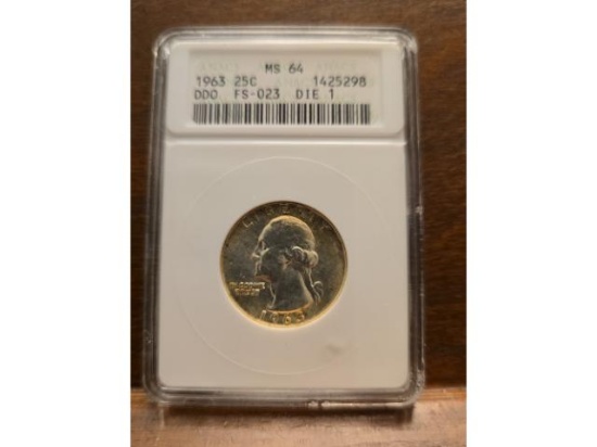 1963 WASHINGTON QUARTER ANACS MS64 DOUBLE DIE OBVERSE FS-023 DIE-1