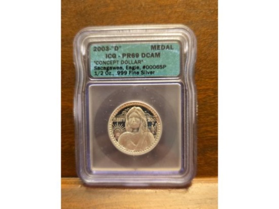 2003D 1/2-OZ. .999 SILVER SACAGAWEA CONCEPT DOLLAR MEDAL ICG PR69DCAM