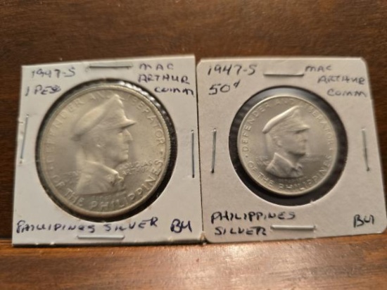 1947S PHILIPPINES MACARTHUR COM. SILVER 1-PESO AND 50-CENTAVOS
