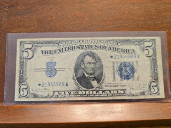 1934D $5. SILVER CERTIFICATE STAR NOTE SERIAL # *21946989A