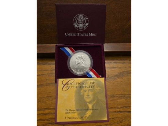 1993 THOMAS JEFFERSON SILVER DOLLAR IN HOLDER BU
