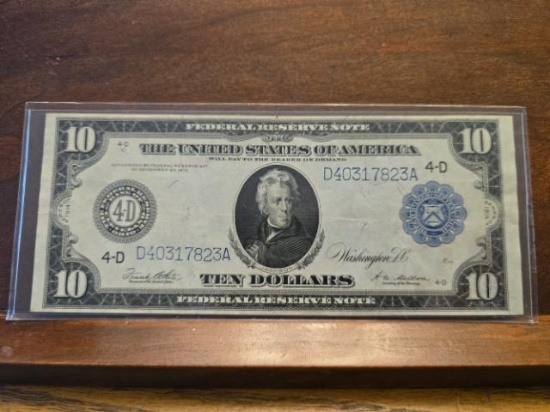 1914 $10. LARGE SIZE FRN CLEVELAND, OH. SERIAL # D40317823A AU