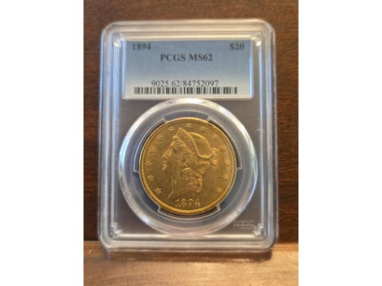 1894 $20. LIBERTY HEAD GOLD PIECE PCGS MS62