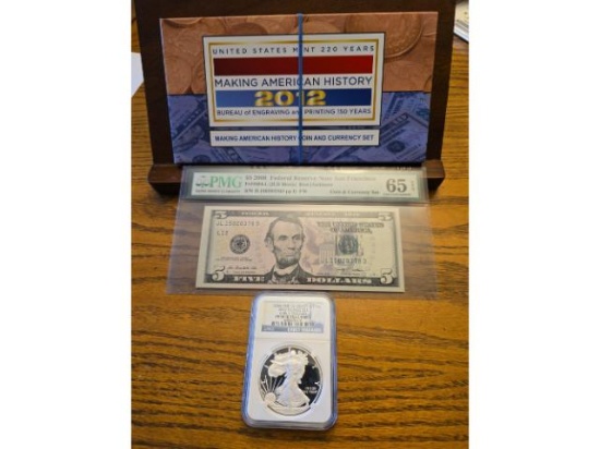 2012S COIN AND CURRENCY SET SILVER EAGLE NGC PF69 ULTRA CAMEO. $5. NOTE PMG