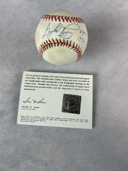 Gaylord Perry signed Cy Young MLB baseball, dated, Upper Deck Authenticated cert