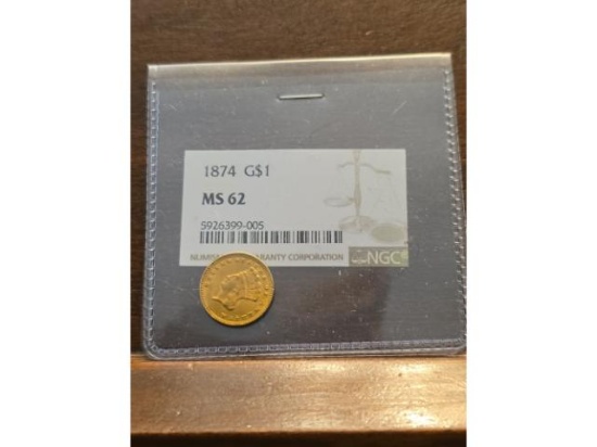 1874 TYPE-3 $1. GOLD PIECE WITH NGC MS62 STICKER