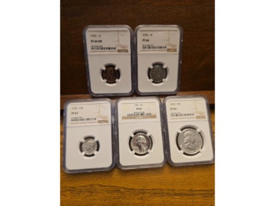 1950 PROOF SET 1-CENT PF66 RB, 5-CENT PF66, 10-CENT PF67, 25-CENT PF65, 50-CENT PF64 NGC