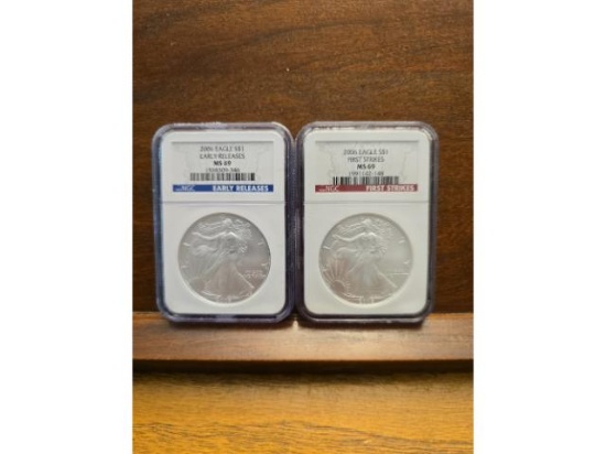 2-2006 SILVER EAGLES NGC MS69