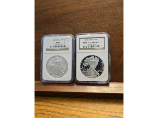 2-2003 SILVER EAGLES NGC PF69 ULTRA CAMEO & MS69
