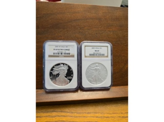 2-2005 SILVER EAGLES NGC PF69 ULTRA CAMEO & MS69