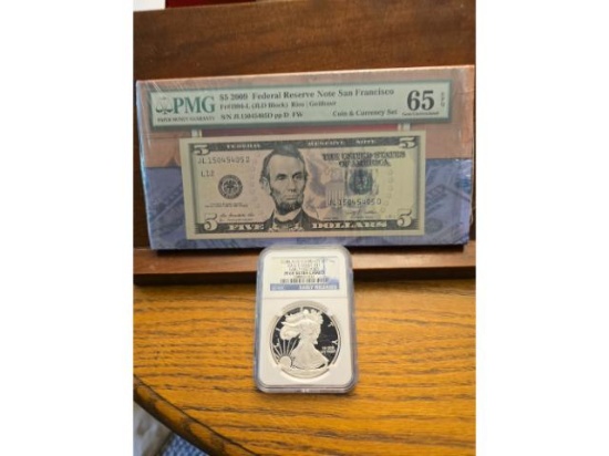 2012 COIN AND CURRENCY SET EAGLE NGC PF69 ULTRA CAMEO $5. NOTE PMG 65