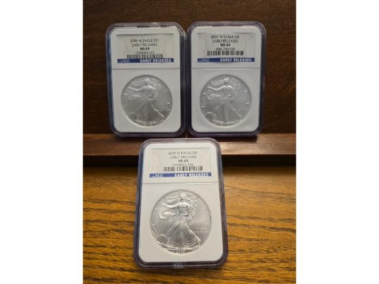 2006W,07W,08W SILVER EAGLES NGC MS69