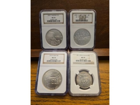 2005P MARINES, 2002W WEST POINT, 1991D USO SILVER DOLLARS & 1995P WWII HALF ALL NGC 70