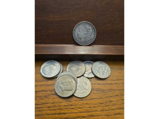 1921 MORGAN DOLLAR AND 8-40% SILVER KENNEDY HALVES