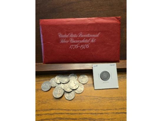 1858 SEATED DIME, 14 BUFFALO NICKELS, 1976 3-PIECE SILVER MINT SET