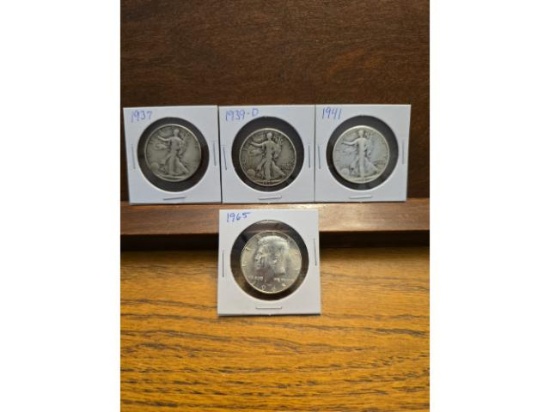 3 WALKING LIBERTY HALVES & 1965 KENNEDY HALF