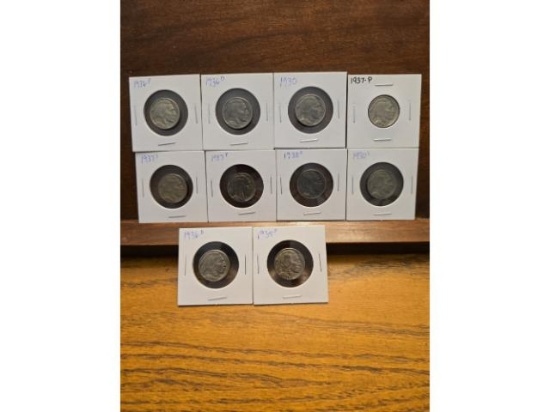 10 HIGHER GRADE BUFFALO NICKELS