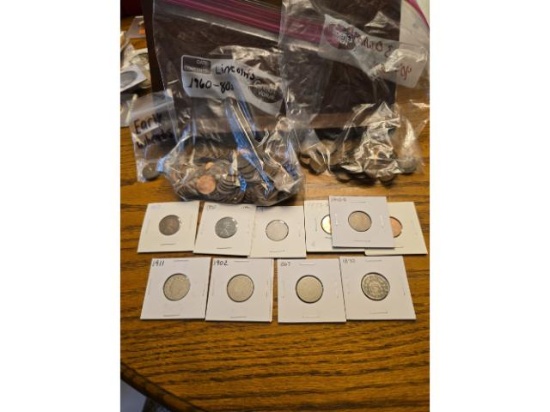 LOT OF WHEAT PENNIES  V-NICKELS, 2-SHIELD NICKELS, LINCOLN MEMORIAL CENTS