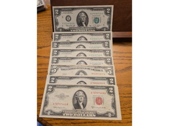 4 CONSECUTIVE $2. NOTES, $5. RED SEAL, 2-$2. RED SEAL