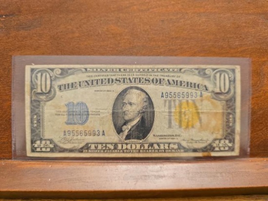 1934A $10. NORTH AFRICA EMERGENCY GOLD SEAL SILVER CERTIFICATE SERIAL # A95565993A