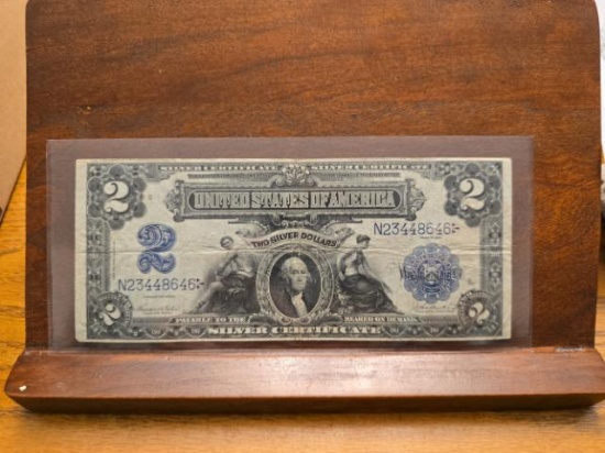 1899 $2. SILVER CERTIFICATE SERIAL # N23448646 MINI PORTHOLE VF