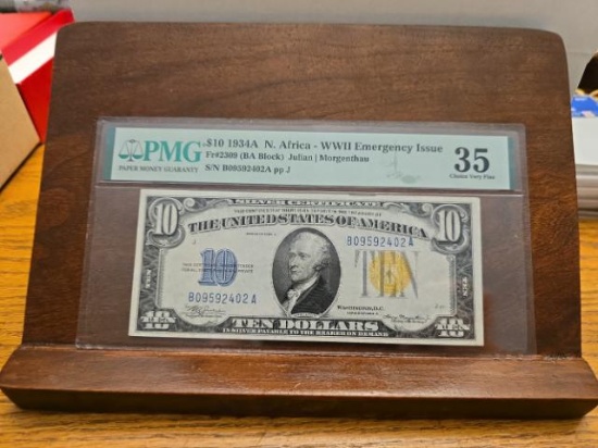 1934A $10. NORTH AFRICA WWII EMERGENCY SILVER CERTIFICATE PMG 35 SERIAL # B09592402A