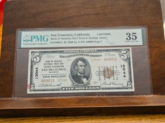 1929 $5. NATIONAL CURRENCY NOTE SAN FRANCISCO, CA. PMG 35 SERIAL # A808018 CHARTER 13044