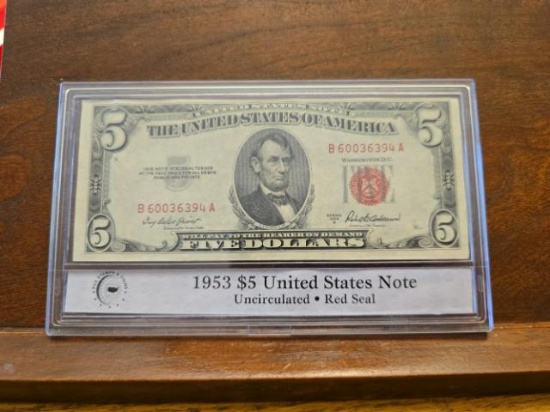 1953A $5. RED SEAL NOTE PCS UNC SERIAL # B60036394A