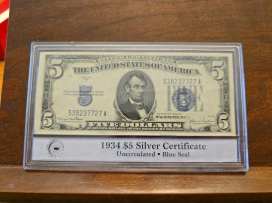1934D $5. SILVER CERTIFICATE PCS UNC SERIAL # S38237727A